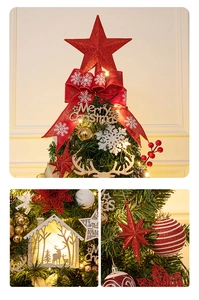 Detail of luxury Christmas tree ornaments including glowing wooden house and red glitter star