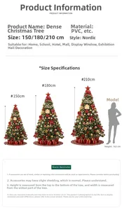 Detailed size chart for Christmas trees in 150cm, 180cm, and 210cm heights with PVC material