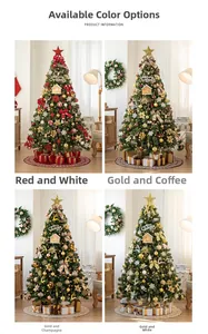 Detail view of four luxury Christmas tree color schemes with lights and ornaments