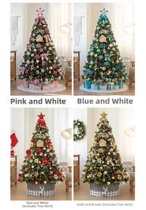 Four luxury artificial Christmas trees in pink, blue, red, and gold decorative styles
