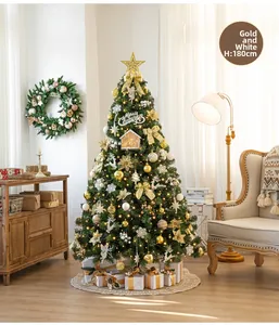 Detail of 1.8m Christmas tree with gold and white ornaments, bows, and warm LED lights