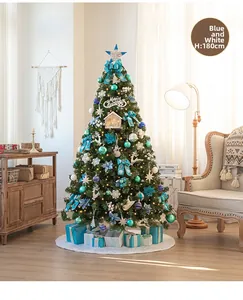 Luxurious 180cm Christmas tree with blue and white ornaments in a cozy living room scene