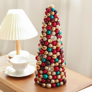 Cone-shaped 35cm Christmas tree table ornament with red, gold, teal and purple ornaments