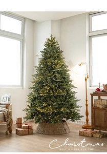 Detail of dense mixed-leaf Christmas tree with warm LED lights and wicker tree skirt