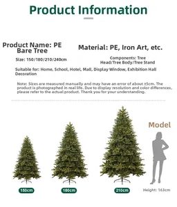 Size chart for PE Christmas tree with height comparison against 163cm model silhouette