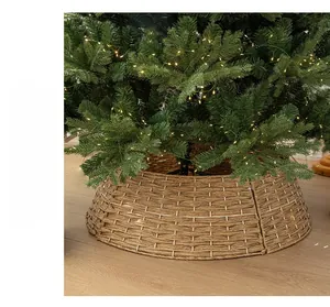 Close-up of a natural woven tree collar in brown for Christmas tree base decoration