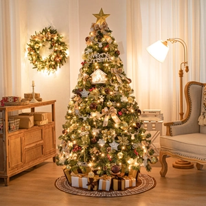 Luxurious artificial Christmas tree with lights and ornaments for home holiday decoration