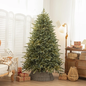 Deluxe Artificial PE Christmas Tree With LED Lights And Woven Tree Collar Base For Home Indoor Festive Party Decoration