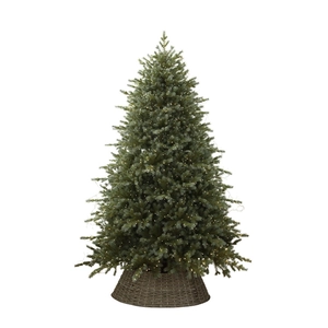 Lush two-tone PE artificial Christmas tree with warm LED lights and rattan base stand