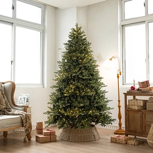 Luxury Pre-lit Artificial Christmas Tree With Warm LED Lights Braided Tree Collar PE PVC Mixed Needle Xmas Tree Home Decor