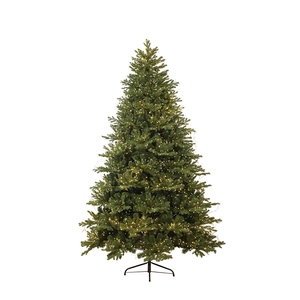 Lush green pre-lit artificial Christmas tree with warm white LED lights and metal stand