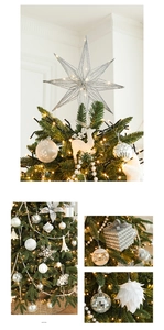 Details von elegantem silber-weißem Weihnachtsbaumschmuck mit Rentieren und Sternen