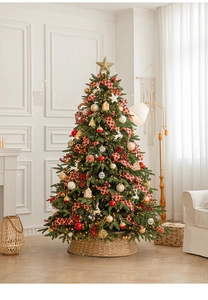Detailansicht eines PE-Weihnachtsbaums mit roten Bändern, Goldsternen und Korbgeflecht
