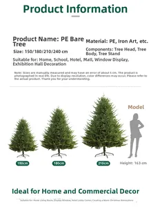 Size comparison chart for PE Christmas trees ranging from 150cm to 240cm with dimensions
