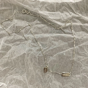 Macro detail of 925 sterling silver chain with Lucky engraved rectangular tags