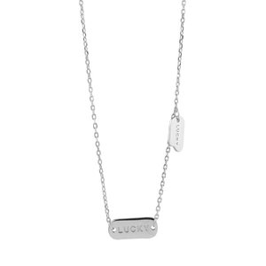 Minimalist 925 sterling silver necklace featuring two oval LUCKY letter engraved pendants