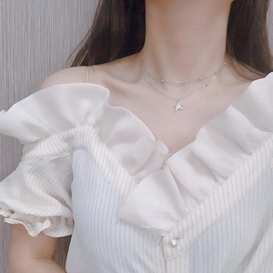 Double Layer Star Pendant Necklace For Women Inlaid Zircon Five Pointed Star Round Bead Chain Silver Plated Copper Jewelry
