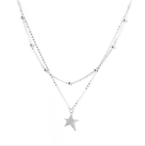 Double layer 925 sterling silver star necklace with beaded chain and sparkling crystals