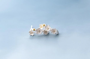 Detail of 925 sterling silver cherry blossom earrings with white petals and gold pistils