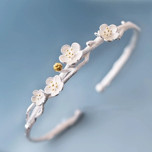 925 sterling silver branch and plum blossom open cuff bracelet with gold floral accents