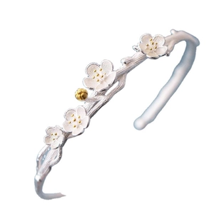 925 sterling silver open bangle featuring plum blossom branch design with gold stamen accents