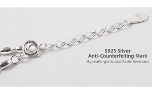Macro detail of S925 sterling silver chain with spring clasp and extension tail