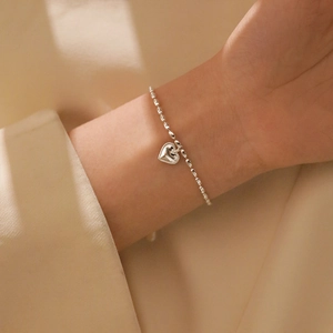 Heart Pendant Bracelet 925 Sterling Silver Beaded Rice Chain Elegant Jewelry For Women Bestie Gift Adjustable Fashion
