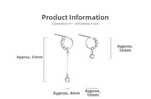 Detailed size specifications for S925 silver asymmetric earrings with dimensions and crystals