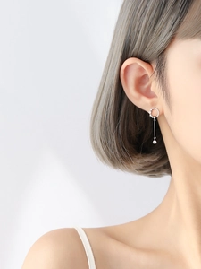 Elegant S925 silver drop earrings featuring cubic zirconia circles and long bar pendants