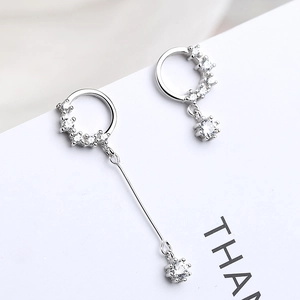 Asymmetric S925 silver hoop earrings featuring sparkling zircons and delicate chains