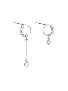 Asymmetric S925 silver hoop earrings with sparkling cubic zirconia drops on white background