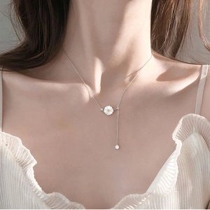 Daisy Flower Pendant Necklace Copper With Mother Of Artificial Pearl Y-Shaped Tassel Adjustable Clavicle Chain Elegant For Women