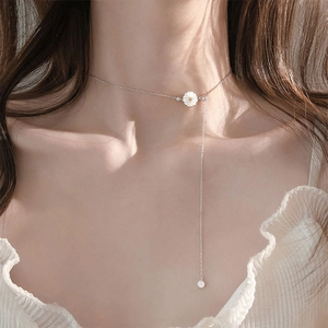 925 silver daisy choker with tassel Y-pendant, minimalist Korean style for women