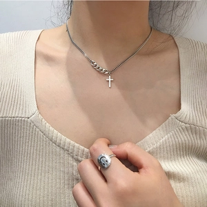 Vintage 925 sterling silver cross pendant necklace and smiley face ring set for women
