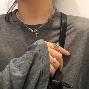 Vintage Cross Pendant Necklace Silver Plated Copper Asymmetrical Curb Chain Punk Minimalist Hip Hop Style Jewelry