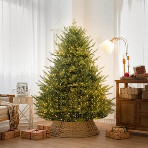 Set di Albero di Natale Artificiale di Lusso Pre-illuminato con Luci LED Calde e Base in Tessuto per Albero Fogliame Denso Misto PE PVC Albero Sempreverde per Decorazioni Natalizie