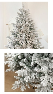 Detalle de las ramas blancas de un árbol de Navidad flocado con textura de nieve real