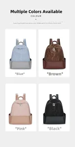 Grid display of four stylish backpacks in blue, brown, pink, and black textured fabric