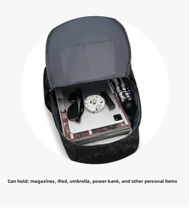 Detail view of the black backpack interior showing spacious main compartment and pockets