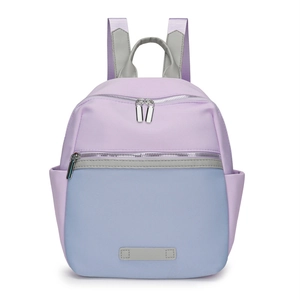 Minimalist lavender and blue two-tone oxford cloth backpack with multiple zipper pockets