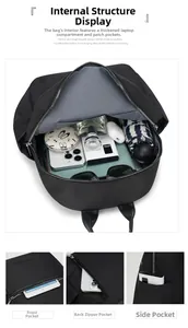 Internal laptop sleeve and anti-theft zipper pockets on minimalist black oxford backpack
