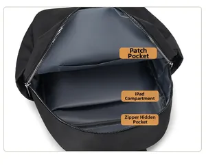 Interior view of black nylon backpack featuring dedicated iPad sleeve and zipper pocket