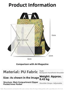 Detailed size chart showing spacious PU leather backpack dimensions with A4 paper comparison