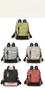 Detailed display of vintage Chinese style backpacks in five colors with traditional wave patterns