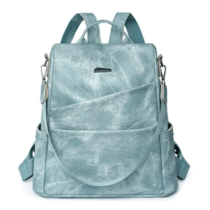 Modischer großer Rucksack aus gewaschenem blauem PU-Leder für Damen mit zwei Trägern