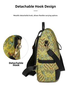 Detail of Chinese style backpack featuring traditional embroidery and golden hooks