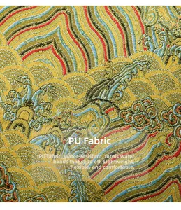 Detail of waterproof PU fabric with traditional Chinese embroidery and wavy patterns