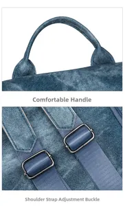 Detail eines blauen Rucksacks in Jeans-Optik mit bequemem Griff und verstellbarer Schnalle