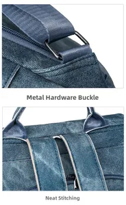 Nahaufnahme der Metallschnalle und der sauberen Nähte am blauen Denim-Rucksackriemen