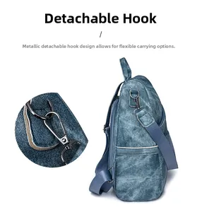 Detail des silbernen Metallhakens am dunkelblauen Denim-Rucksack für vielseitige Gurte